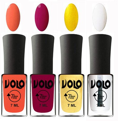 Volo Ultra Lasting HD Shine Awesome Nail Polish Combo Neon Orange, Magnta, Metallic Light Golden, Top Coat(Pack of 4)