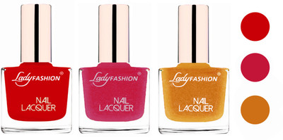 

Lady Fashion Glossy & Long Stay Nail Polish combo Juicy Red,Abricoat Rose,Golden(Pack of 3)