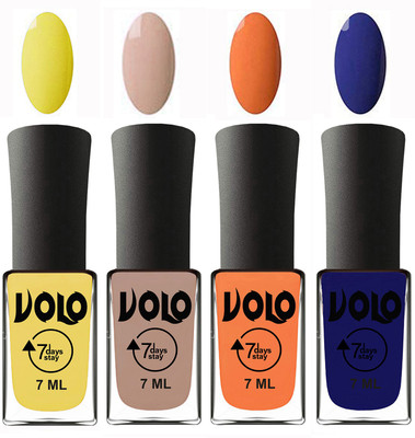 

Volo Ultra Lasting HD Shine Awesome Nail Polish Combo Yellow, Light Nude, Peach, Navy Blue(Pack of 4)