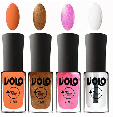 

Volo Ultra Lasting HD Shine Awesome Nail Polish Combo Peach, Metallic Dark Golden, Metallic Pink, Top Coat(Pack of 4)