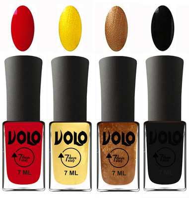

Volo Ultra Lasting HD Shine Awesome Nail Polish Combo Blood Red, Metallic Light Golden, Metallic Dark Golden, Black(Pack of 4)