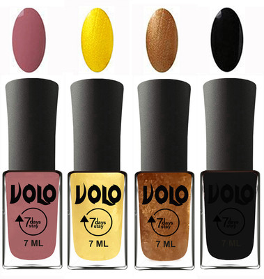 

Volo Ultra Lasting HD Shine Awesome Nail Polish Combo Chocolate Peach, Metallic Light Golden, Metallic Dark Golden, Black(Pack of 4)