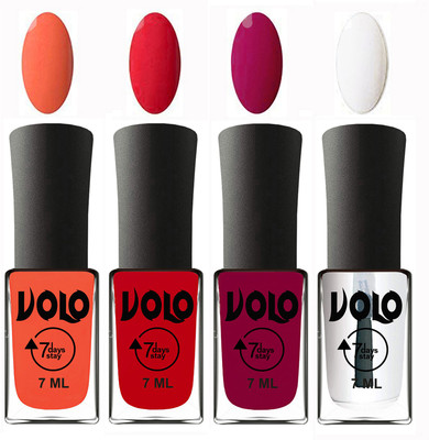 

Volo Ultra Lasting HD Shine Awesome Nail Polish Combo Neon Orange, Redish Orange, Magnta, Top Coat(Pack of 4)