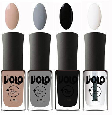 

Volo Ultra Lasting HD Shine Awesome Nail Polish Combo Light Nude, Light Grey, Black, Top Coat(Pack of 4)