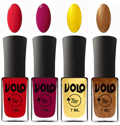 

Volo Ultra Lasting HD Shine Awesome Nail Polish Combo Redish Orange, Magnta, Metallic Light Golden, Metallic Dark Golden(Pack of 4)