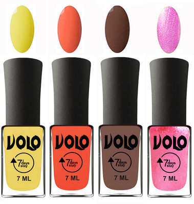 

Volo Ultra Lasting HD Shine Awesome Nail Polish Combo Yellow, Neon Orange, Brown, Metallic Pink(Pack of 4)