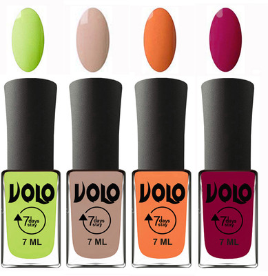 

Volo Ultra Lasting HD Shine Awesome Nail Polish Combo Parrot Green, Light Nude, Peach, Magnta(Pack of 4)