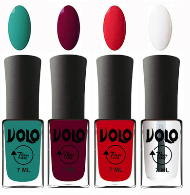 

Volo Ultra Lasting HD Shine Awesome Nail Polish Combo Radium Green, Wine Maroon, Redish Orange, Top Coat(Pack of 4)