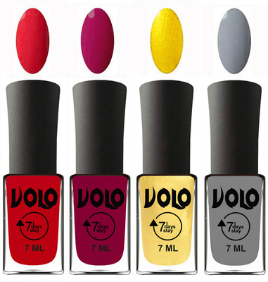 

Volo Ultra Lasting HD Shine Awesome Nail Polish Combo Redish Orange, Magnta, Metallic Light Golden, Light Grey(Pack of 4)
