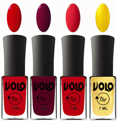 

Volo Ultra Lasting HD Shine Awesome Nail Polish Combo Blood Red, Wine Maroon, Redish Orange, Metallic Light Golden(Pack of 4)