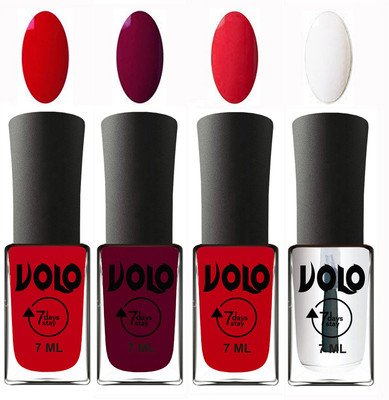

Volo Ultra Lasting HD Shine Awesome Nail Polish Combo Blood Red, Wine Maroon, Redish Orange, Top Coat(Pack of 4)