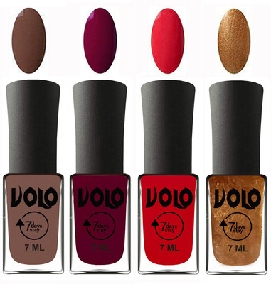 

Volo Ultra Lasting HD Shine Awesome Nail Polish Combo Brown, Wine Maroon, Redish Orange, Metallic Dark Golden(Pack of 4)