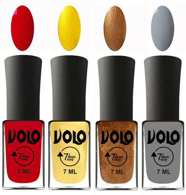

Volo Ultra Lasting HD Shine Awesome Nail Polish Combo Blood Red, Metallic Light Golden, Metallic Dark Golden, Light Grey(Pack of 4)
