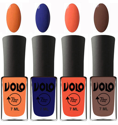 

Volo Ultra Lasting HD Shine Awesome Nail Polish Combo Peach, Navy Blue, Neon Orange, Brown(Pack of 4)