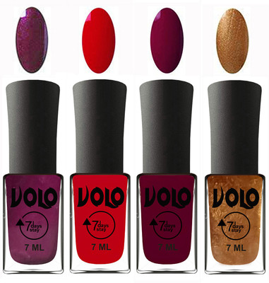 

Volo Ultra Lasting HD Shine Awesome Nail Polish Combo Wine, Blood Red, Wine Maroon, Metallic Dark Golden(Pack of 4)