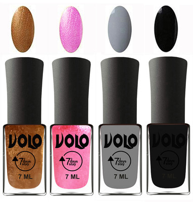

Volo Ultra Lasting HD Shine Awesome Nail Polish Combo Metallic Dark Golden, Metallic Pink, Light Grey, Black(Pack of 4)