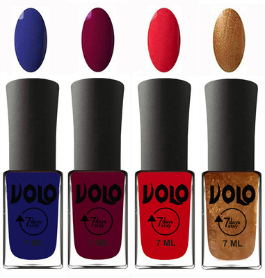 

Volo Ultra Lasting HD Shine Awesome Nail Polish Combo Navy Blue, Wine Maroon, Redish Orange, Metallic Dark Golden(Pack of 4)