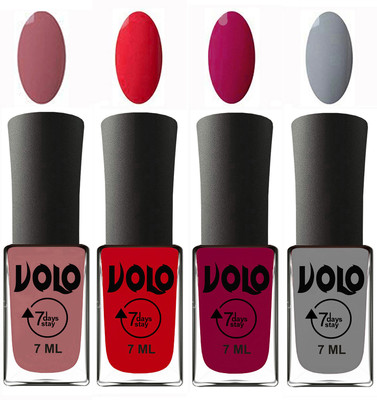 

Volo Ultra Lasting HD Shine Awesome Nail Polish Combo Chocolate Peach, Redish Orange, Magnta, Light Grey(Pack of 4)