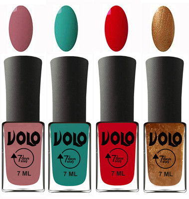 

Volo Ultra Lasting HD Shine Awesome Nail Polish Combo Chocolate Peach, Radium Green, Blood Red, Metallic Dark Golden(Pack of 4)