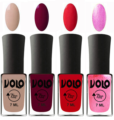 

Volo Ultra Lasting HD Shine Awesome Nail Polish Combo Light Nude, Wine Maroon, Redish Orange, Metallic Pink(Pack of 4)