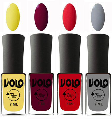 

Volo Ultra Lasting HD Shine Awesome Nail Polish Combo Yellow, Wine Maroon, Redish Orange, Light Grey(Pack of 4)