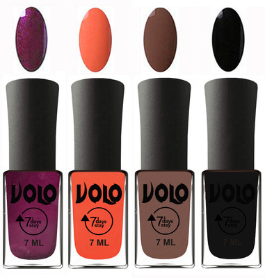 Volo Ultra Lasting HD Shine Awesome Nail Polish Combo Wine, Neon Orange, Brown, Black(Pack of 4)