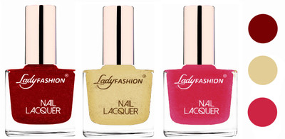 

Lady Fashion Glossy & Long Stay Nail Polish combo Red,Mettalic Gold,Mettalic Pink(Pack of 3)