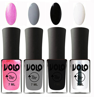 

Volo Ultra Lasting HD Shine Awesome Nail Polish Combo Metallic Pink, Light Grey, Black, Top Coat(Pack of 4)