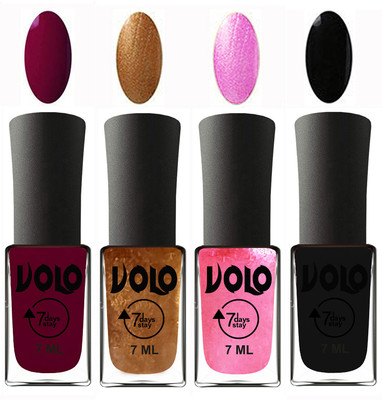 

Volo Ultra Lasting HD Shine Awesome Nail Polish Combo Wine Maroon, Metallic Dark Golden, Metallic Pink, Black(Pack of 4)