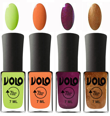

Volo Ultra Lasting HD Shine Awesome Nail Polish Combo Parrot Green, Peach, Wine, Metallic Dark Golden(Pack of 4)