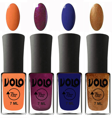 

Volo Ultra Lasting HD Shine Awesome Nail Polish Combo Peach, Wine, Navy Blue, Metallic Dark Golden(Pack of 4)
