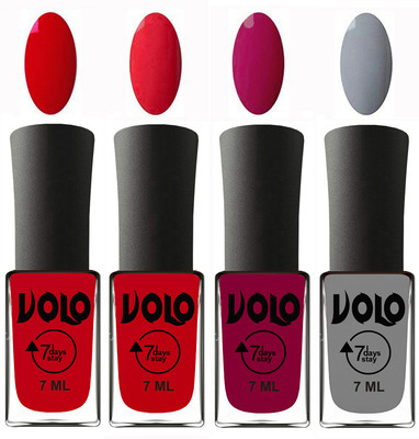 

Volo Ultra Lasting HD Shine Awesome Nail Polish Combo Blood Red, Redish Orange, Magnta, Light Grey(Pack of 4)