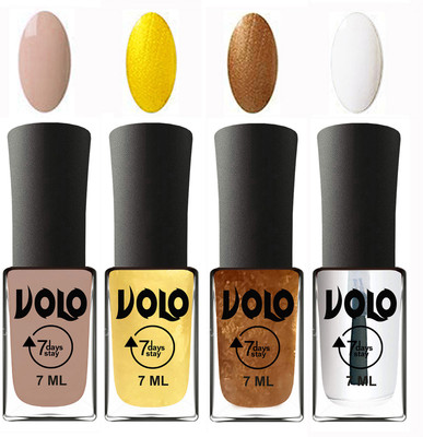 

Volo Ultra Lasting HD Shine Awesome Nail Polish Combo Light Nude, Metallic Light Golden, Metallic Dark Golden, Top Coat(Pack of 4)