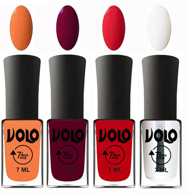

Volo Ultra Lasting HD Shine Awesome Nail Polish Combo Peach, Wine Maroon, Redish Orange, Top Coat(Pack of 4)