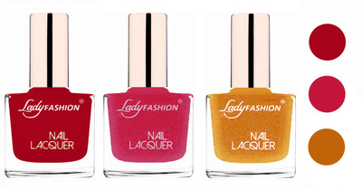

Lady Fashion Glossy & Long Stay Nail Polish combo Dark Red,Abricoat Rose,Golden(Pack of 3)