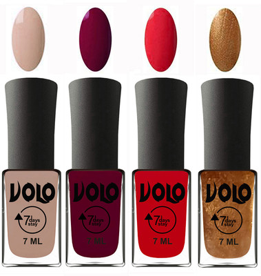 

Volo Ultra Lasting HD Shine Awesome Nail Polish Combo Light Nude, Wine Maroon, Redish Orange, Metallic Dark Golden(Pack of 4)