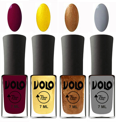 

Volo Ultra Lasting HD Shine Awesome Nail Polish Combo Wine Maroon, Metallic Light Golden, Metallic Dark Golden, Light Grey(Pack of 4)