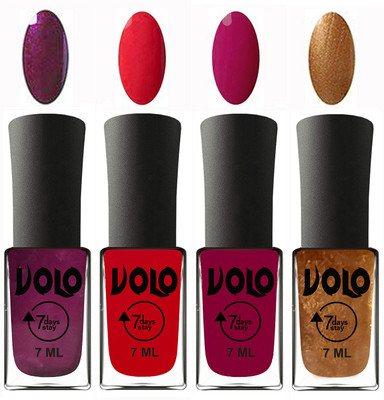 

Volo Ultra Lasting HD Shine Awesome Nail Polish Combo Wine, Redish Orange, Magnta, Metallic Dark Golden(Pack of 4)