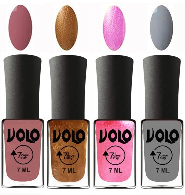 

Volo Ultra Lasting HD Shine Awesome Nail Polish Combo Chocolate Peach, Metallic Dark Golden, Metallic Pink, Light Grey(Pack of 4)