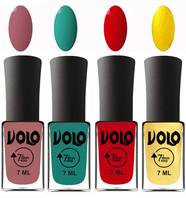 

Volo Ultra Lasting HD Shine Awesome Nail Polish Combo Chocolate Peach, Radium Green, Blood Red, Metallic Light Golden(Pack of 4)