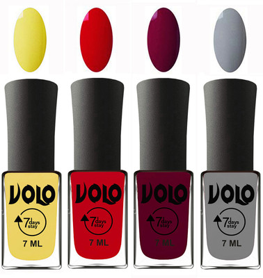 

Volo Ultra Lasting HD Shine Awesome Nail Polish Combo Yellow, Blood Red, Wine Maroon, Light Grey(Pack of 4)