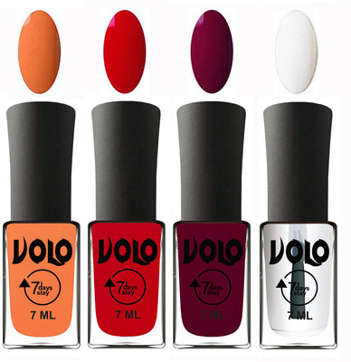 

Volo Ultra Lasting HD Shine Awesome Nail Polish Combo Peach, Blood Red, Wine Maroon, Top Coat(Pack of 4)