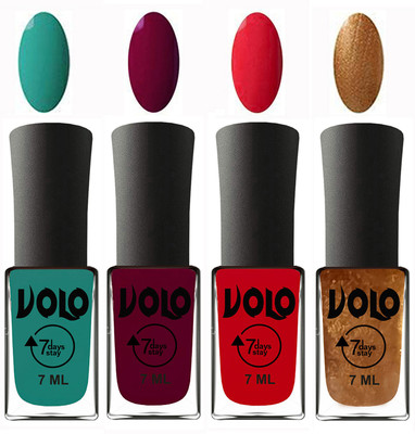 

Volo Ultra Lasting HD Shine Awesome Nail Polish Combo Radium Green, Wine Maroon, Redish Orange, Metallic Dark Golden(Pack of 4)
