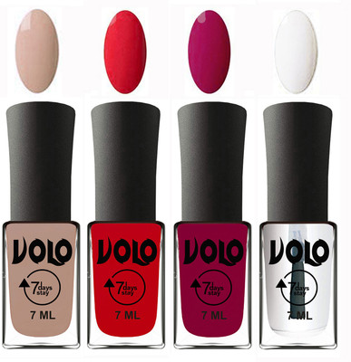 

Volo Ultra Lasting HD Shine Awesome Nail Polish Combo Light Nude, Redish Orange, Magnta, Top Coat(Pack of 4)