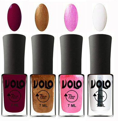 

Volo Ultra Lasting HD Shine Awesome Nail Polish Combo Wine Maroon, Metallic Dark Golden, Metallic Pink, Top Coat(Pack of 4)