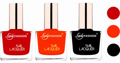 

Lady Fashion Glossy & Long Stay Nail Polish combo Juicy Red,Juicy Orange,Black(Pack of 3)