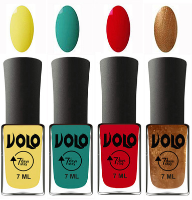 

Volo Ultra Lasting HD Shine Awesome Nail Polish Combo Yellow, Radium Green, Blood Red, Metallic Dark Golden(Pack of 4)