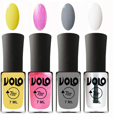 

Volo Ultra Lasting HD Shine Awesome Nail Polish Combo Yellow, Metallic Pink, Light Grey, Top Coat(Pack of 4)