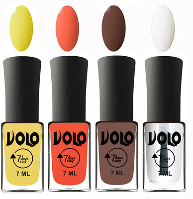 Volo Ultra Lasting HD Shine Awesome Nail Polish Combo Yellow, Neon Orange, Brown, Top Coat(Pack of 4)