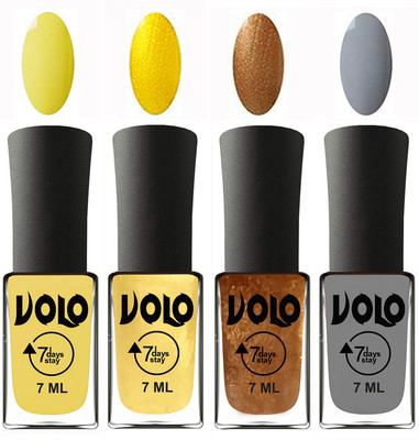 

Volo Ultra Lasting HD Shine Awesome Nail Polish Combo Yellow, Metallic Light Golden, Metallic Dark Golden, Light Grey(Pack of 4)